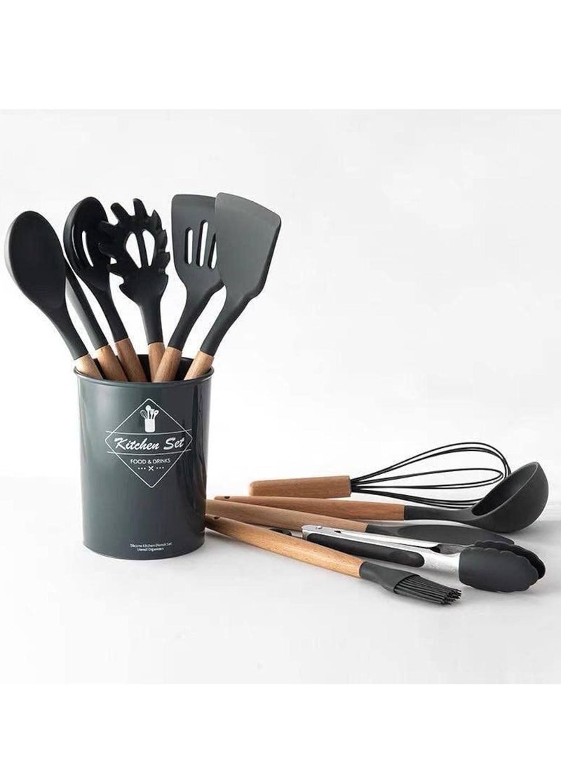Cooking Utensils Non-Stick Set with Holder, Silicone Kitchen Utensils Set, 12 pcs Wooden Handles, Kitchen Spatula Set - dark gry - Image 1