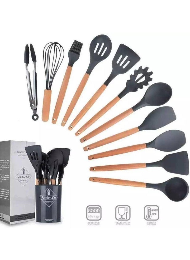 Cooking Utensils Non-Stick Set with Holder, Silicone Kitchen Utensils Set, 12 pcs Wooden Handles, Kitchen Spatula Set - dark gry - Image 2
