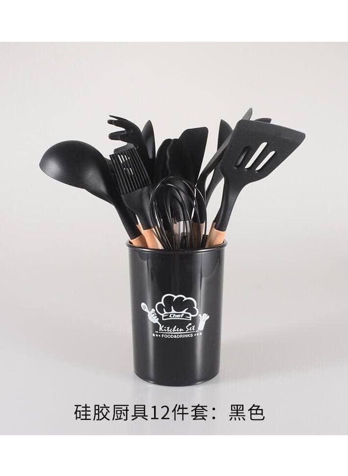 Cooking Utensils Non-Stick Set with Holder, Silicone Kitchen Utensils Set, 12 pcs Wooden Handles, Kitchen Spatula Set - dark gry - Image 4