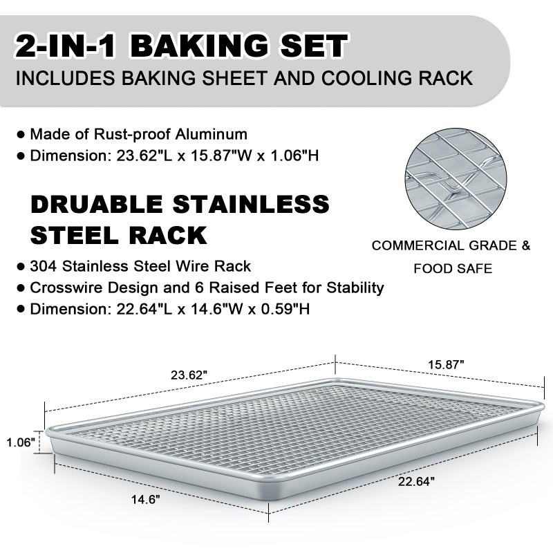 EWFEN 24 Inch Baking Sheet Pans with Rack Set, Natural Aluminum Cookie Sheet, Extra Large Commercial Quality Baking Sheet Pan Set, Warp Resistant Nonstick Thick Cookie Tray Pans for Baking, Roasting - Image 2