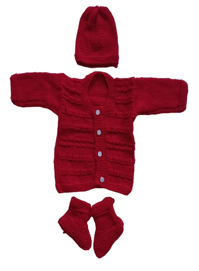 DORCHIS Newborn baby Woolen Sweater cap and shoes set for 0-3 Month, Handmade with crochet, Dark Red
