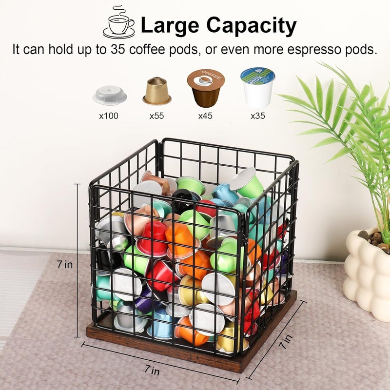 CAPHONT Coffee Pod Holder Basket, Coffee Holder Organizer with Wooden Base Sturdy Coffees Pod Holder Organizer for Kitchen Counter and Office Desktop (Square Grid) - Image 2