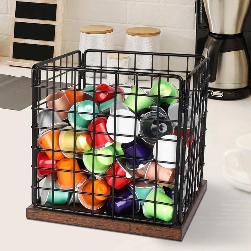 CAPHONT Coffee Pod Holder Basket, Coffee Holder Organizer with Wooden Base Sturdy Coffees Pod Holder Organizer for Kitchen Counter and Office Desktop (Square Grid) - Image 1