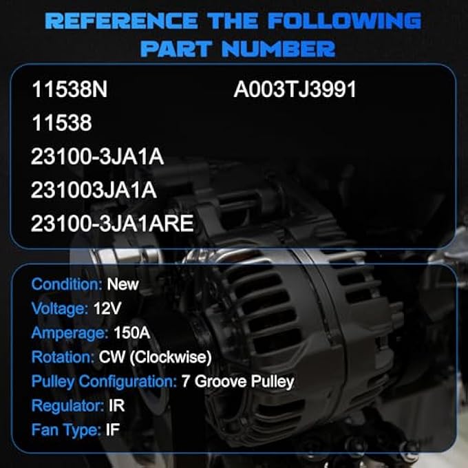 YOMALL Alternator 11538 for JX35 2013 & QX60 2014-2016 3.5L for Pathfinder 3.5L 2013-2017 & Murano 3.5L 2015-2017 Vehicle Replacement Alternator 150A 7PK 11538N 23100-3JA1A 231003JA1A - Image 3