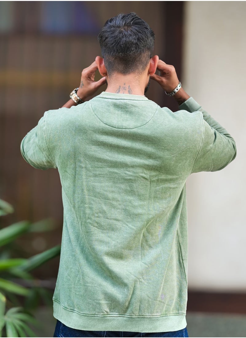 Maniac Maniac Mens Solid Acid Wash Round Neck Full Sleeve Hunter Green Oversized Sweatshirt  - Image 3