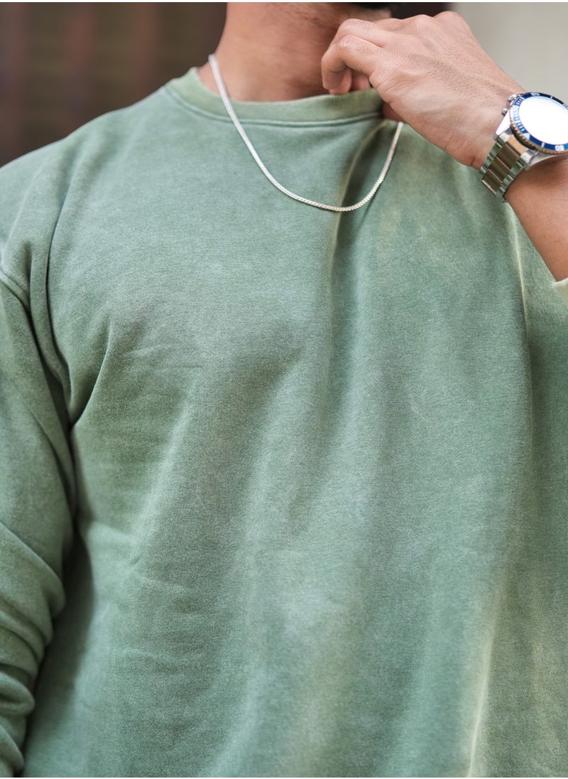 Maniac Maniac Mens Solid Acid Wash Round Neck Full Sleeve Hunter Green Oversized Sweatshirt  - Image 5
