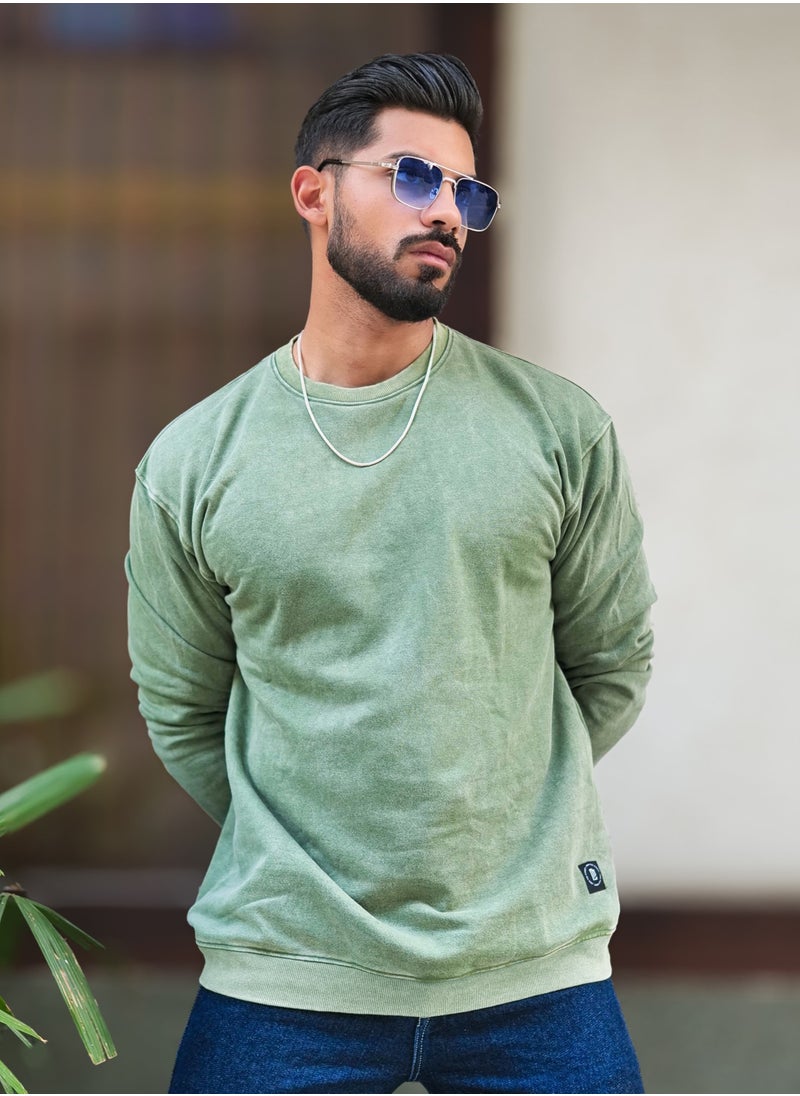 Maniac Maniac Mens Solid Acid Wash Round Neck Full Sleeve Hunter Green Oversized Sweatshirt  - Image 1