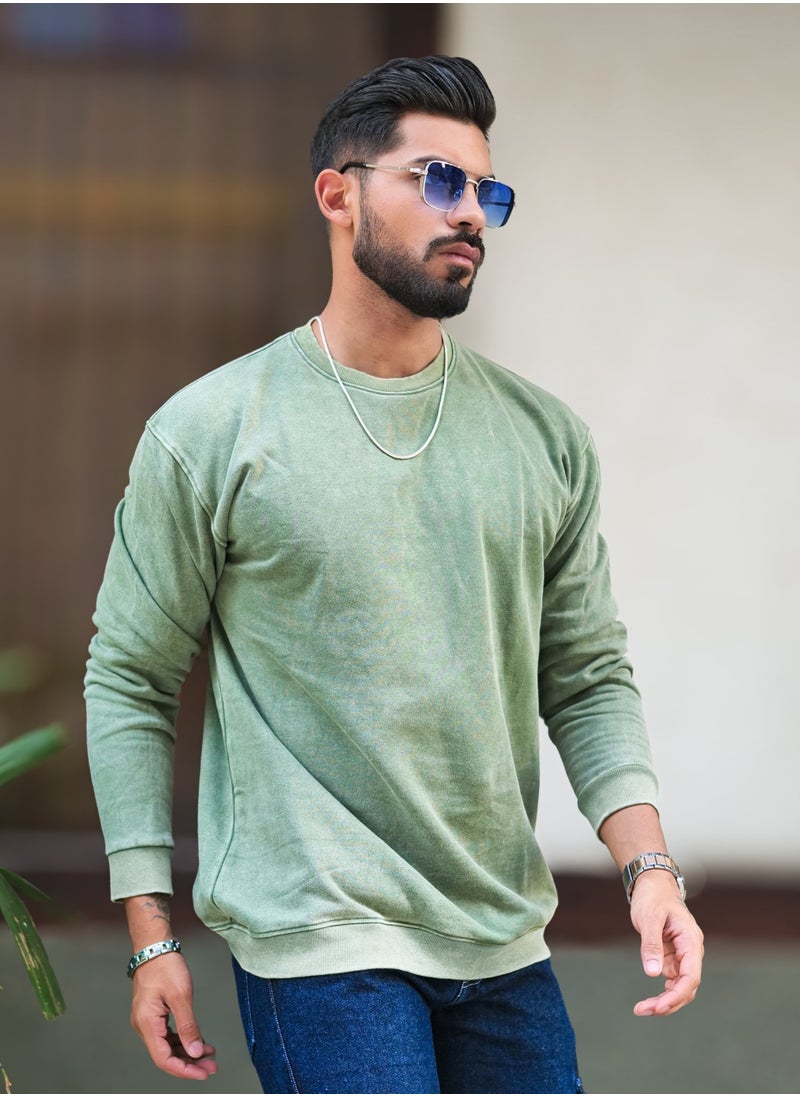Maniac Maniac Mens Solid Acid Wash Round Neck Full Sleeve Hunter Green Oversized Sweatshirt  - Image 2