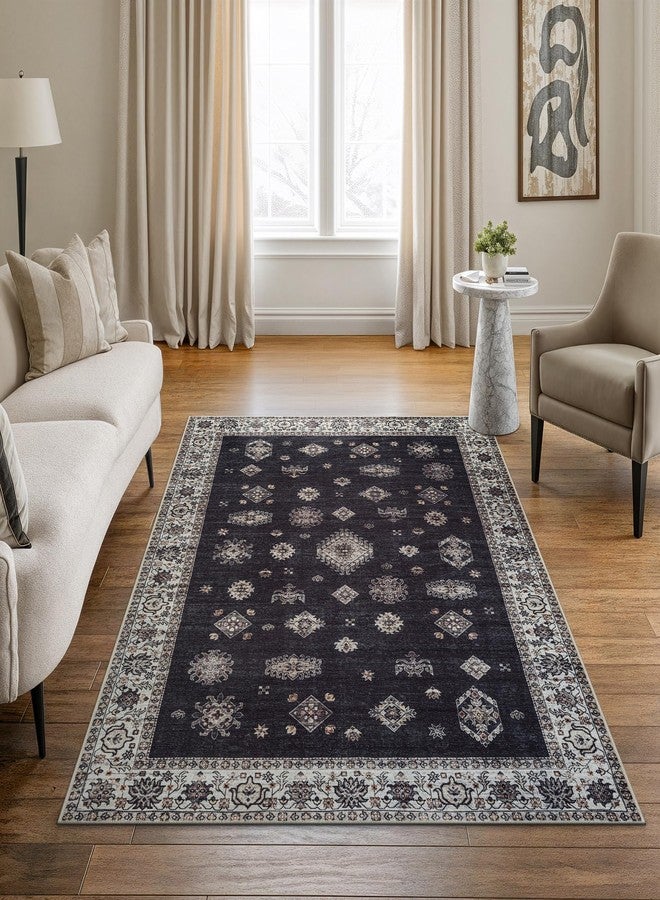 Bloom Rugs Washable Non-Slip 4' x 6' Rug - Black/Ivory Traditional Area Rug for Living Room, Bedroom, Dining Room, and Kitchen - Exact Size: 4' x 6' - Image 1
