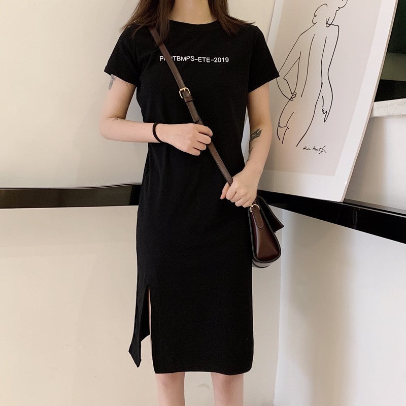 Summer Split-Long Tee Dress Casual Loose Fit Black - Image 4