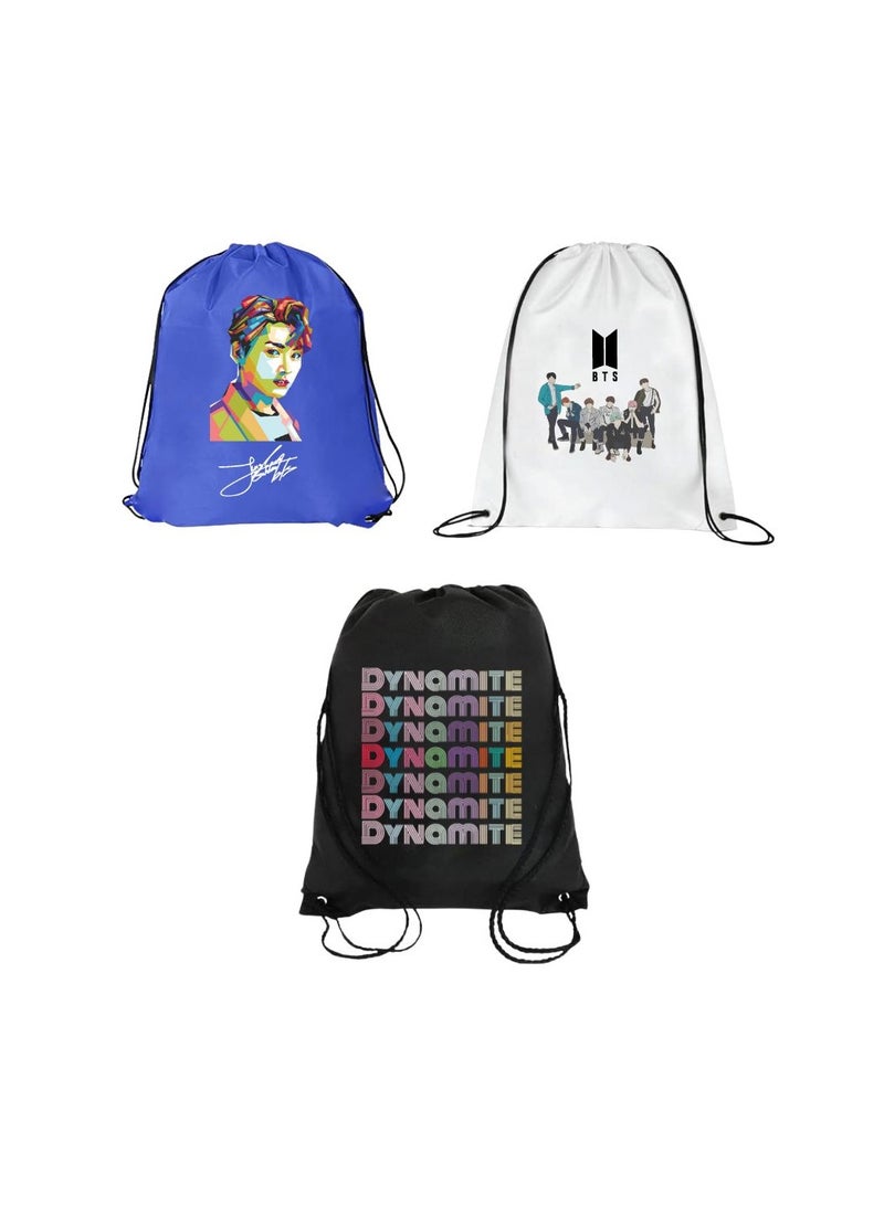 Pack Of 3 Drawstring Bags With BTS Design For Boys And Girls-Durable Sports Backpack For Kids,Great For School And Everyday Use,Lightweight With BTS Design For Everyday Use - Image 1