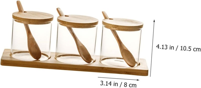 Glass Seasoning Jar Set with Lid and Spoon, 3pcs Lidded Condiment Containers with Tray, Multi-use Spice Storage Jars for Kitchen Counter and Dining Table - Image 2