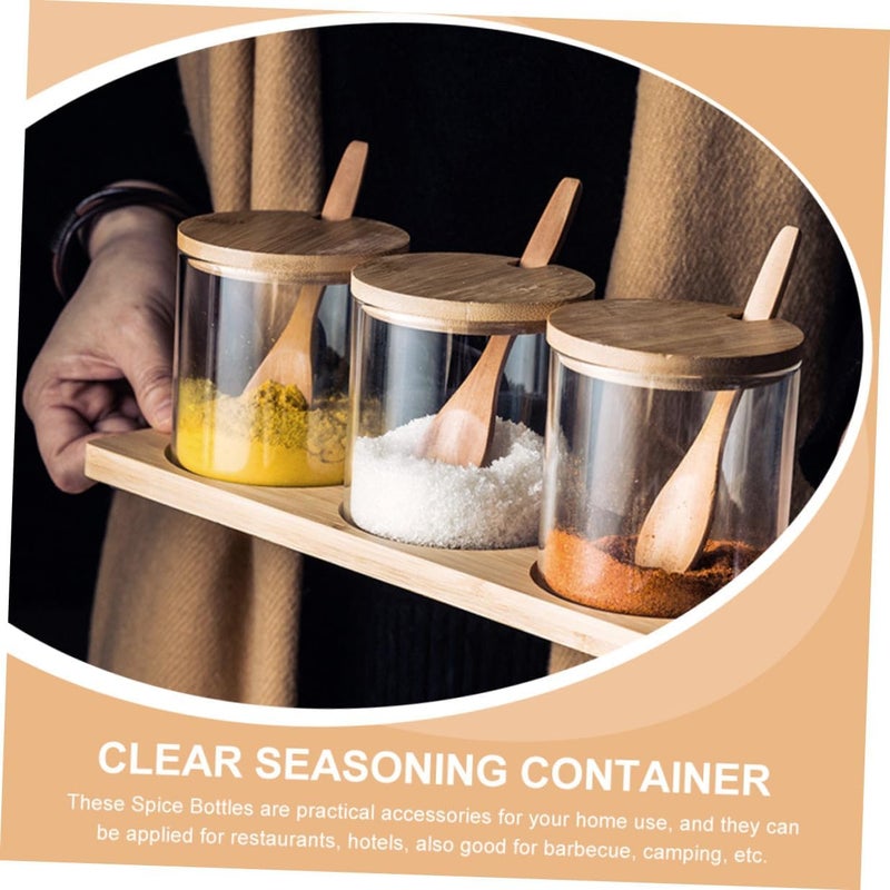 Glass Seasoning Jar Set with Lid and Spoon, 3pcs Lidded Condiment Containers with Tray, Multi-use Spice Storage Jars for Kitchen Counter and Dining Table - Image 4