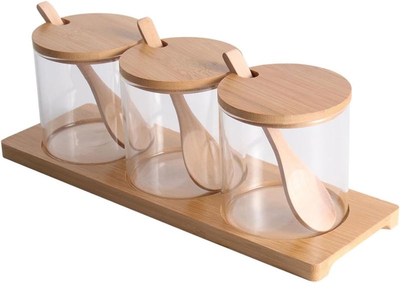 Glass Seasoning Jar Set with Lid and Spoon, 3pcs Lidded Condiment Containers with Tray, Multi-use Spice Storage Jars for Kitchen Counter and Dining Table - Image 1
