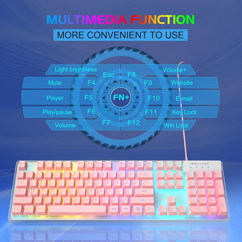 مايجغي مجموعة لوحة مفاتيح وفأرة للألعاب من ، لوحة مفاتيح K1 مريحة بإضاءة خلفية LED RGB مع 104 مفتاحًا، وفأرة بصرية لأجهزة الكمبيوتر/الكمبيوتر المحمول (وردي) - Image 4