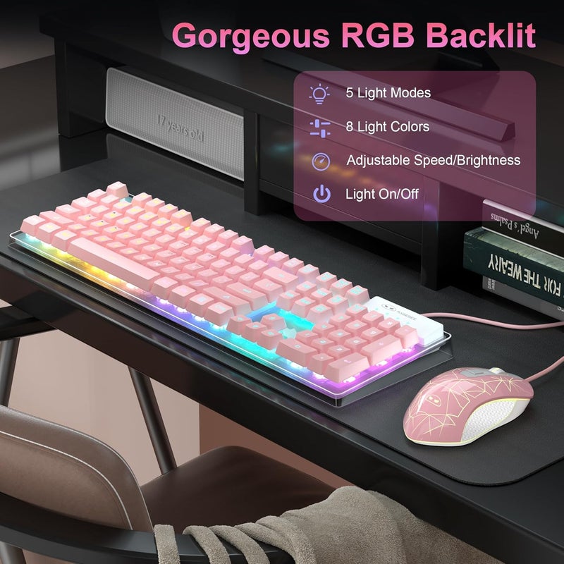 مايجغي مجموعة لوحة مفاتيح وفأرة للألعاب من ، لوحة مفاتيح K1 مريحة بإضاءة خلفية LED RGB مع 104 مفتاحًا، وفأرة بصرية لأجهزة الكمبيوتر/الكمبيوتر المحمول (وردي) - Image 3