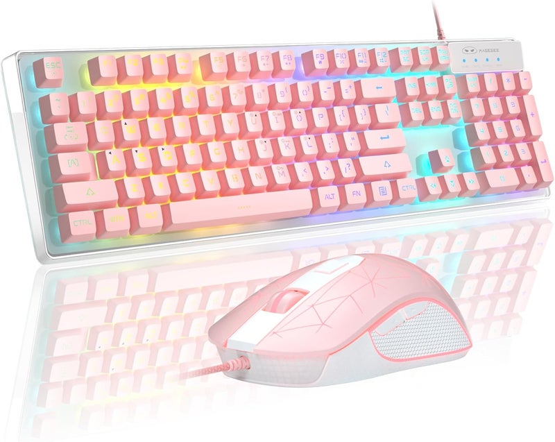 مايجغي مجموعة لوحة مفاتيح وفأرة للألعاب من ، لوحة مفاتيح K1 مريحة بإضاءة خلفية LED RGB مع 104 مفتاحًا، وفأرة بصرية لأجهزة الكمبيوتر/الكمبيوتر المحمول (وردي) - Image 1