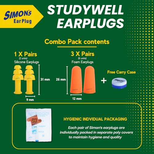 Simon's Studywell Earplugs (3 Pairs Foam, 1 Pairs Silicone Earplugs) - Image 2