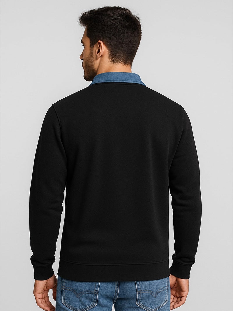 Jump Cuts || Mens || Printed || Half Zipper || Polo Neck || Full Sleeve || Cotton Blend || T-Shirt Black - Image 3