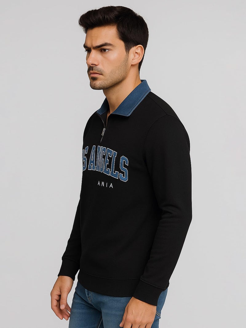 Jump Cuts || Mens || Printed || Half Zipper || Polo Neck || Full Sleeve || Cotton Blend || T-Shirt Black - Image 2