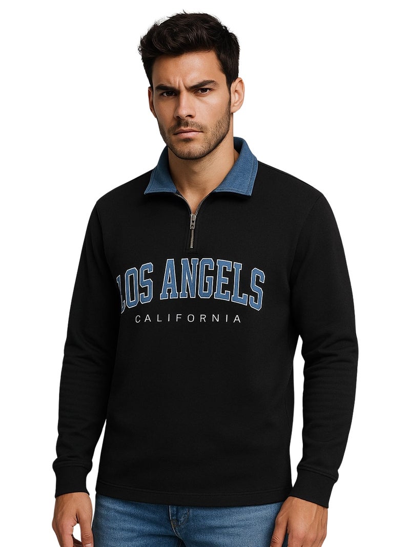 Jump Cuts || Mens || Printed || Half Zipper || Polo Neck || Full Sleeve || Cotton Blend || T-Shirt Black - Image 5