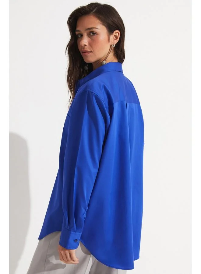 JUNE June Loose Fit Saks Blue Cotton Shirt Saxe