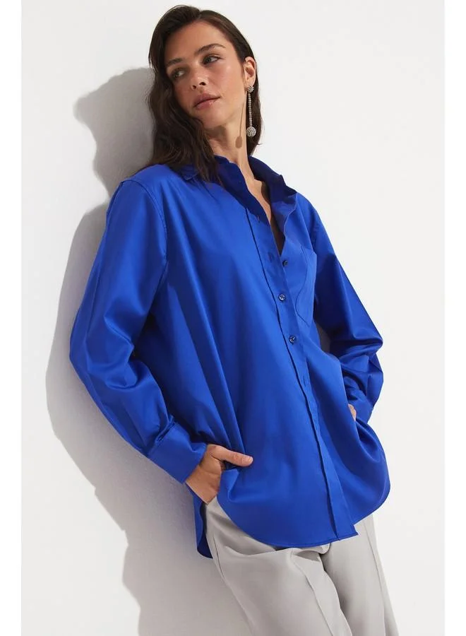 JUNE June Loose Fit Saks Blue Cotton Shirt Saxe