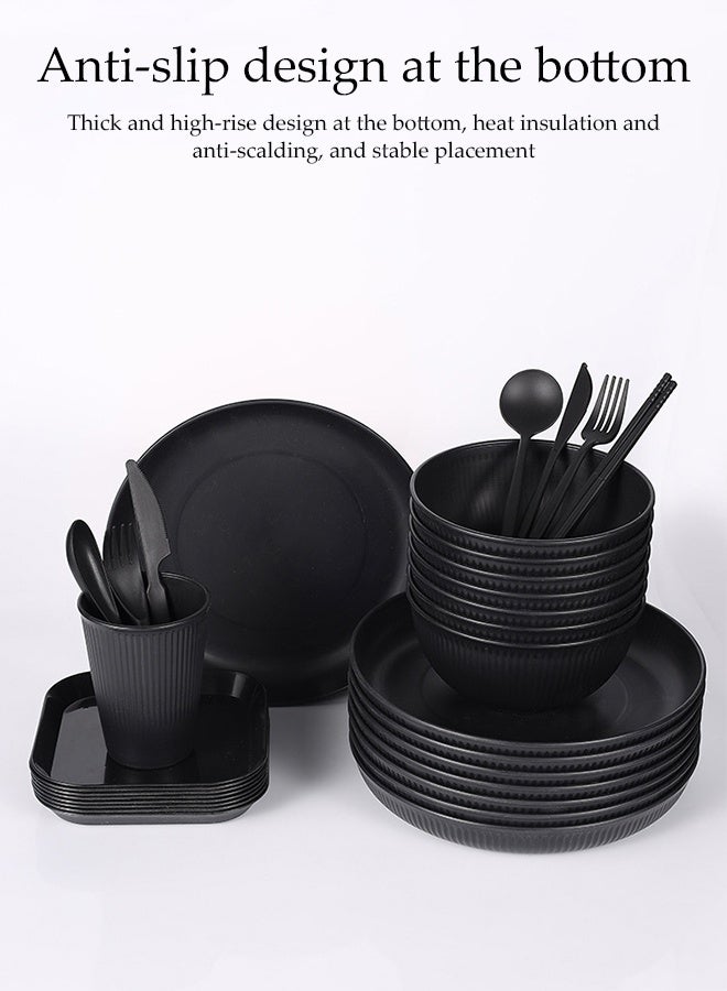 DUNISO 32-Piece Wheat Straw Cutlery Set, Black Plates, Bowls, Cups And Saucers (For Four), With Steak Knife, Fork And Spoon, Unbreakable Outdoor Portable Camping Cutlery With Vertical Stripes - Image 5