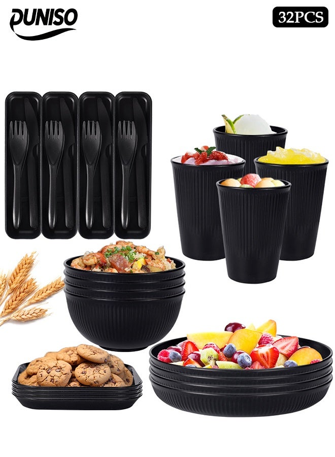 DUNISO 32-Piece Wheat Straw Cutlery Set, Black Plates, Bowls, Cups And Saucers (For Four), With Steak Knife, Fork And Spoon, Unbreakable Outdoor Portable Camping Cutlery With Vertical Stripes - Image 1