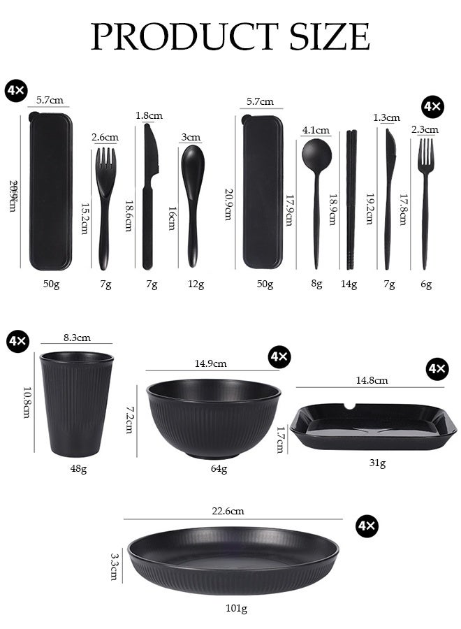 DUNISO 32-Piece Wheat Straw Cutlery Set, Black Plates, Bowls, Cups And Saucers (For Four), With Steak Knife, Fork And Spoon, Unbreakable Outdoor Portable Camping Cutlery With Vertical Stripes - Image 2