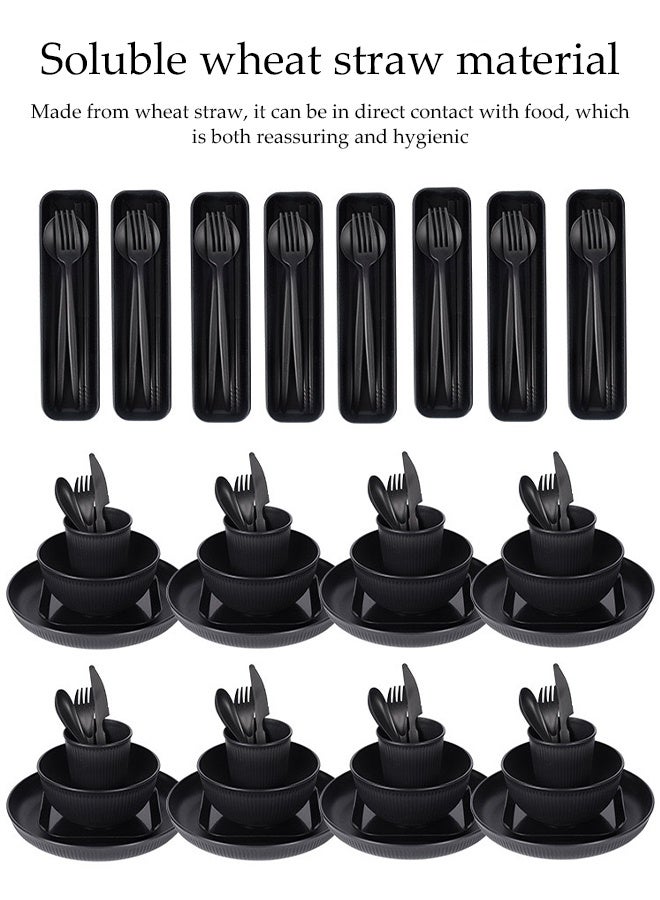 DUNISO 32-Piece Wheat Straw Cutlery Set, Black Plates, Bowls, Cups And Saucers (For Four), With Steak Knife, Fork And Spoon, Unbreakable Outdoor Portable Camping Cutlery With Vertical Stripes - Image 3