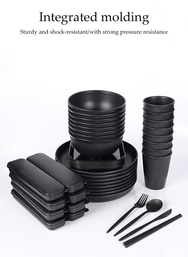 DUNISO 32-Piece Wheat Straw Cutlery Set, Black Plates, Bowls, Cups And Saucers (For Four), With Steak Knife, Fork And Spoon, Unbreakable Outdoor Portable Camping Cutlery With Vertical Stripes - Image 4