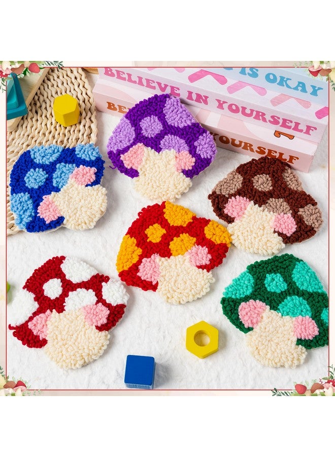 WATINC Mushroom Punch Needle Coaster Kit - 22Pcs Easy Art Work Decor Coasters Kits for Beginners, DIY Set of 6 Mushroom Pattern Tufted Rug Pads with Adhesive Felt Yarns Embroidery Hoop Instruction - Image 4
