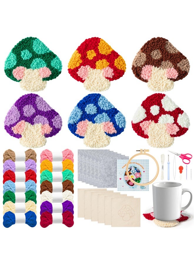 WATINC Mushroom Punch Needle Coaster Kit - 22Pcs Easy Art Work Decor Coasters Kits for Beginners, DIY Set of 6 Mushroom Pattern Tufted Rug Pads with Adhesive Felt Yarns Embroidery Hoop Instruction - Image 1