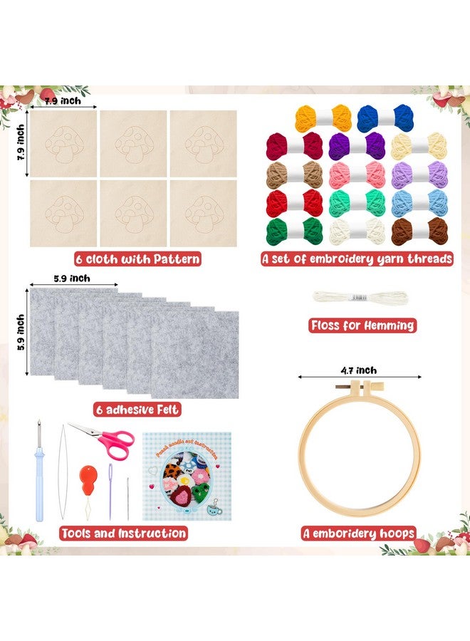 WATINC Mushroom Punch Needle Coaster Kit - 22Pcs Easy Art Work Decor Coasters Kits for Beginners, DIY Set of 6 Mushroom Pattern Tufted Rug Pads with Adhesive Felt Yarns Embroidery Hoop Instruction - Image 2