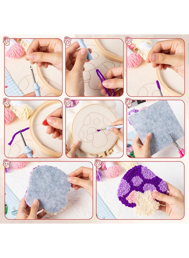 WATINC Mushroom Punch Needle Coaster Kit - 22Pcs Easy Art Work Decor Coasters Kits for Beginners, DIY Set of 6 Mushroom Pattern Tufted Rug Pads with Adhesive Felt Yarns Embroidery Hoop Instruction - Image 3