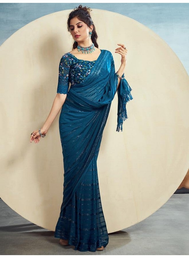Satrani Women's Georgette Zari Stripe & Tassel Saree with Unstitched Blouse Piece (3473S694N_Teal Blue) - Image 2