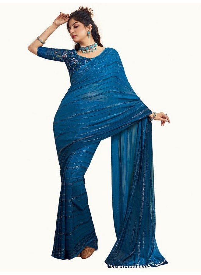 Satrani Women's Georgette Zari Stripe & Tassel Saree with Unstitched Blouse Piece (3473S694N_Teal Blue) - Image 1