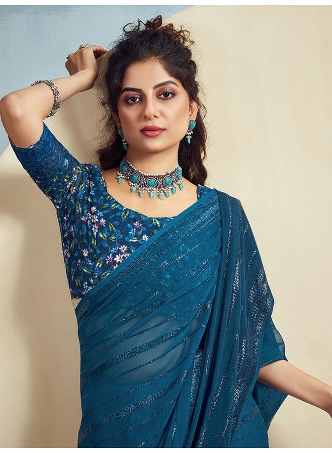 Satrani Women's Georgette Zari Stripe & Tassel Saree with Unstitched Blouse Piece (3473S694N_Teal Blue) - Image 3