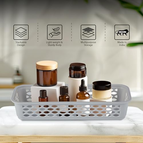 RATAN PLASTICWARE Diana Tray Rectangular-Narrow (Pack of 6) Plastic Storage for Desk Basket/Organizers for Stationery, Jewellery, Tools,Kitchen, Office- Lt Brown/Daiso Grey/Twist Beige - Image 2
