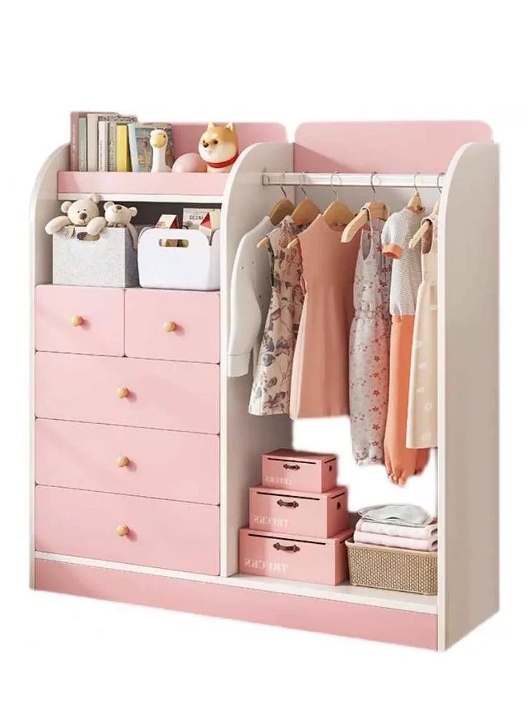 Generic Kids Wardrobe Children Clothes Cabinet Storage Rack Kids Wardrobe Closet Baby Cupboard Wooden Cabinet with 5 Drawers and Hanging Area for Clothes Storage Organizer Modern Closet( 120*40*125cm,Pink) ﻿  - Image 1