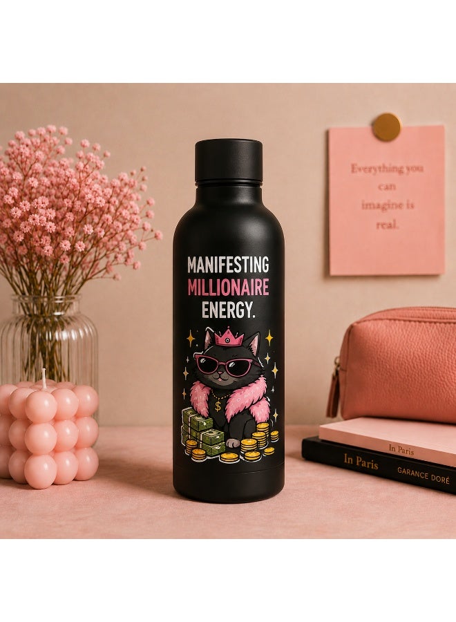 Delulu Cat™ Stainless Steel Thermal Water Bottle, 500ML, Manifesting Millionaire Energy Design, Black