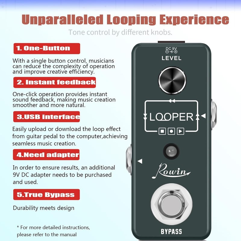 Rowin Looper Guitar Pedal Unlimited Overdubs 10 Minutes of Looping With USB to Import and Export Loop - Image 2