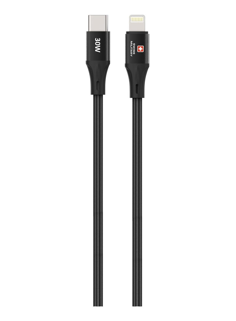 SWISS MILITARY USB-C to L Cable | 1 Meter | 30W Fast Charging & Data Transfer | Durable Braided PD Charging for iPhone 14/14 Pro/Plus/Pro Max, 8-13 All Series- Black