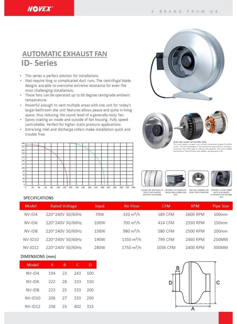 NOVEX 8" Heavy Duty Metal Centrifugal In-Line Duct Fan | Residential & Commercial Ventilation | Kitchen, Bathroom, Factory, HVAC Blower Fan | NV-ID8 - Image 3