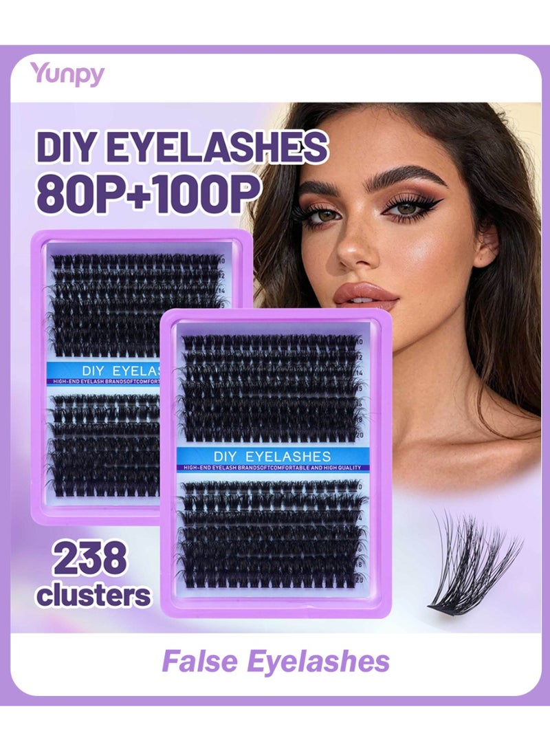 Yunpy 238 Pcs DIY Lash Clusters, 80P+100P Individual Cluster Eyelashes Mixed 10-20mm Fluffy False Eyelashes for Self Application Home Lash Extensions - Image 1