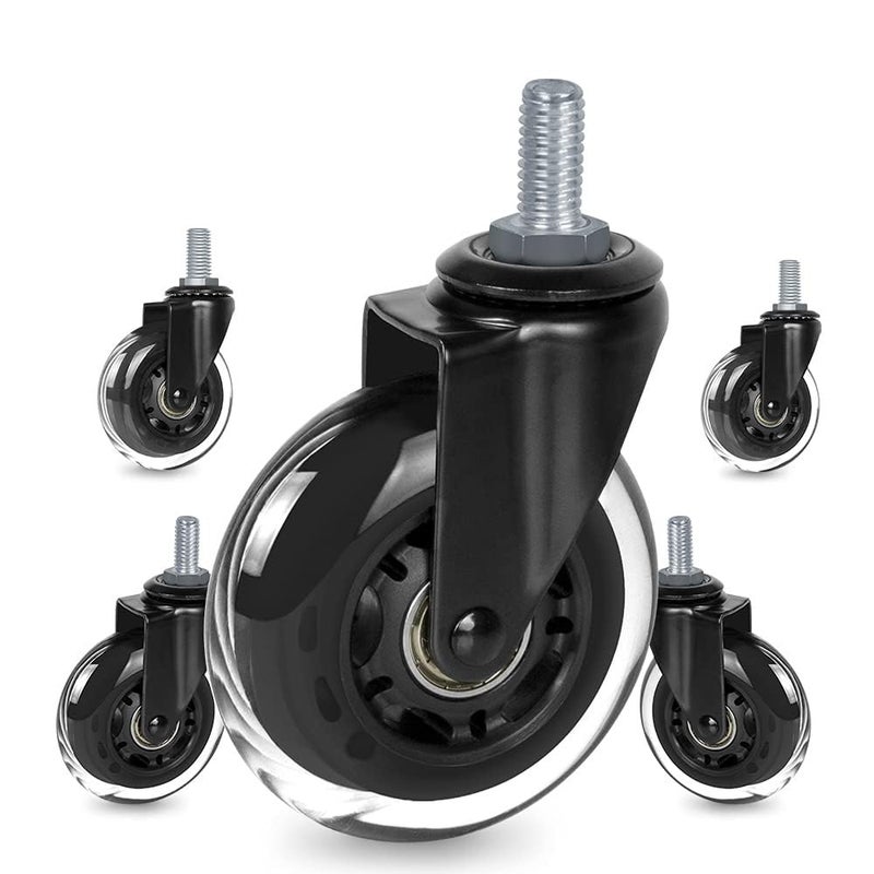 Breewell imported Office Chair Screw Stem Caster Wheels 38 Thread Heavy Duty Soft PU Rubber Safe for Hardwood Carpet Floors with White Plastic 5 Set - Image 1