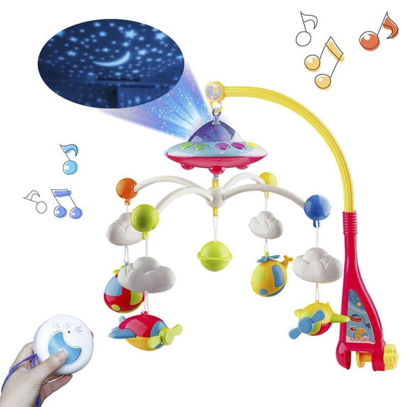 Mini Tudou Musical Baby Crib Mobile Toy with Lights and Music Star Projector Function and Cartoon Rattles Remote Control Musical Box with 108 Melodies Toy for Newborn Sleep