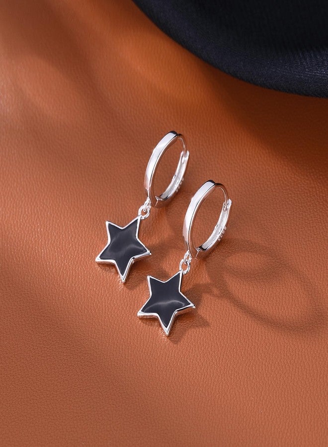 SLUYNZ Solid 925 Sterling Silver Black Star Hoop Earrings for Women Teen Girls 1.3CM Star Hoop Dangle Earrings (A-Sterling Silver) - Image 4