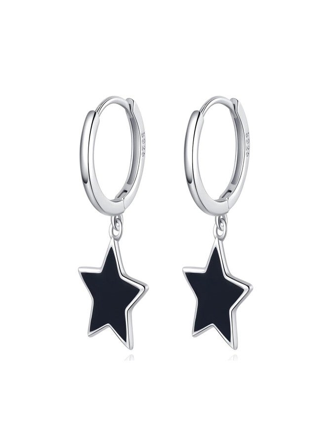 SLUYNZ Solid 925 Sterling Silver Black Star Hoop Earrings for Women Teen Girls 1.3CM Star Hoop Dangle Earrings (A-Sterling Silver) - Image 1